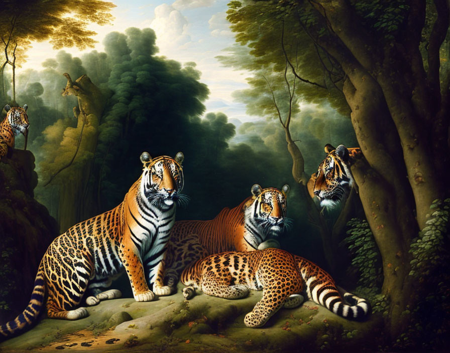 Wildlife: Three Tigers and a Leopard in Lush Forest Clearing