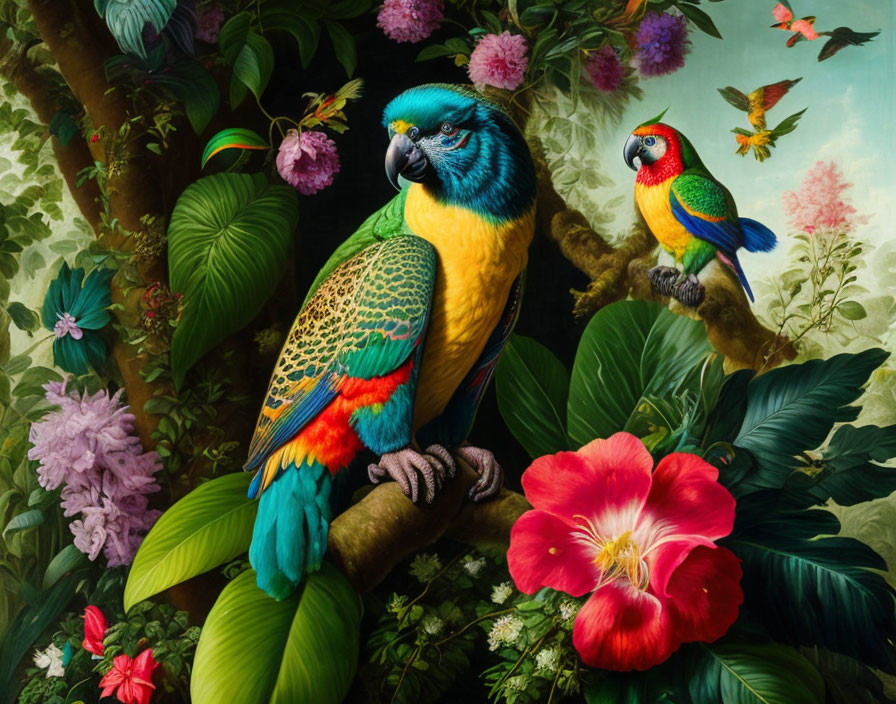 Colorful Parrots Perched on Branch with Lush Foliage