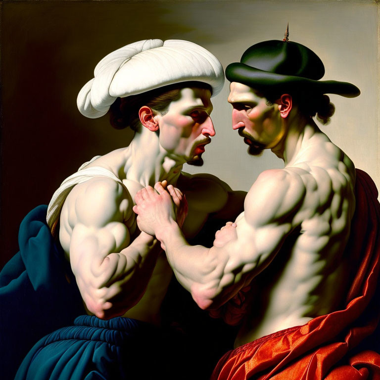 Muscular men in historical clothing face off in close-up pose