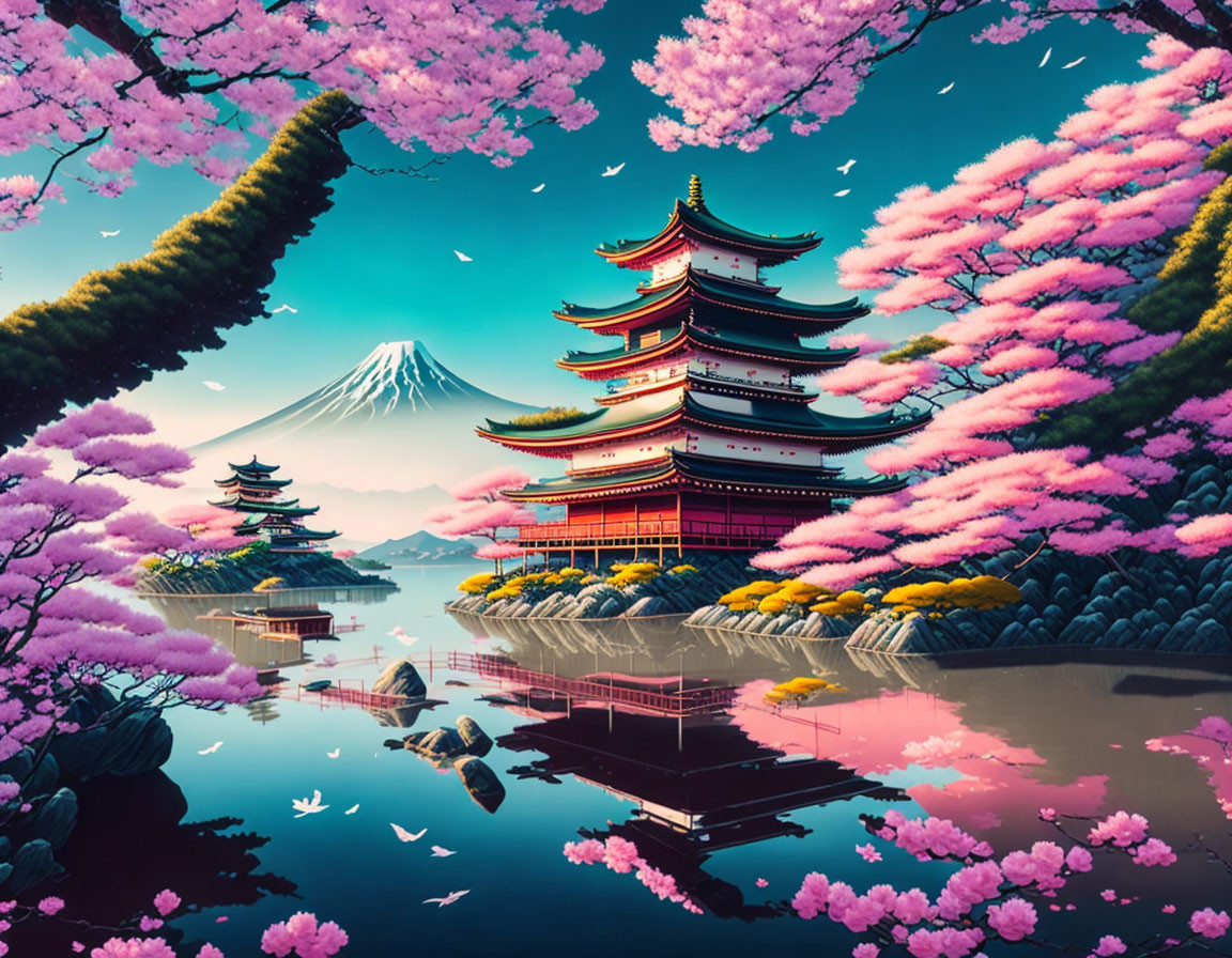 Traditional Japanese pagoda by lake with cherry blossoms and Mount Fuji.