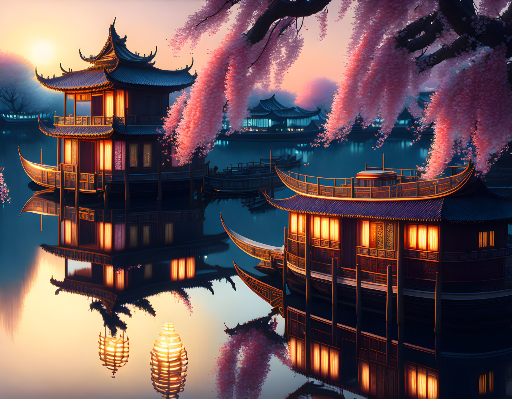 Traditional Asian Architecture Beside Calm Waters at Twilight