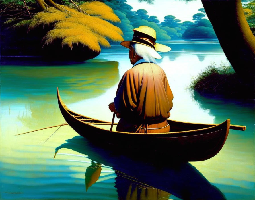 Traditional clothed person paddling canoe in serene river surrounded by lush greenery