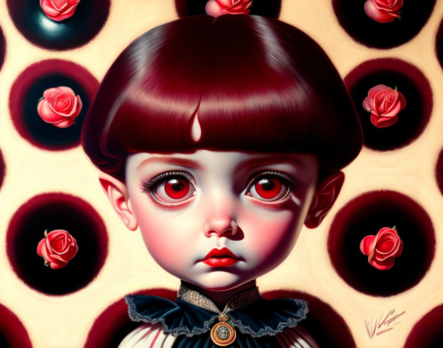 Stylized portrait of young girl with large eyes and red roses