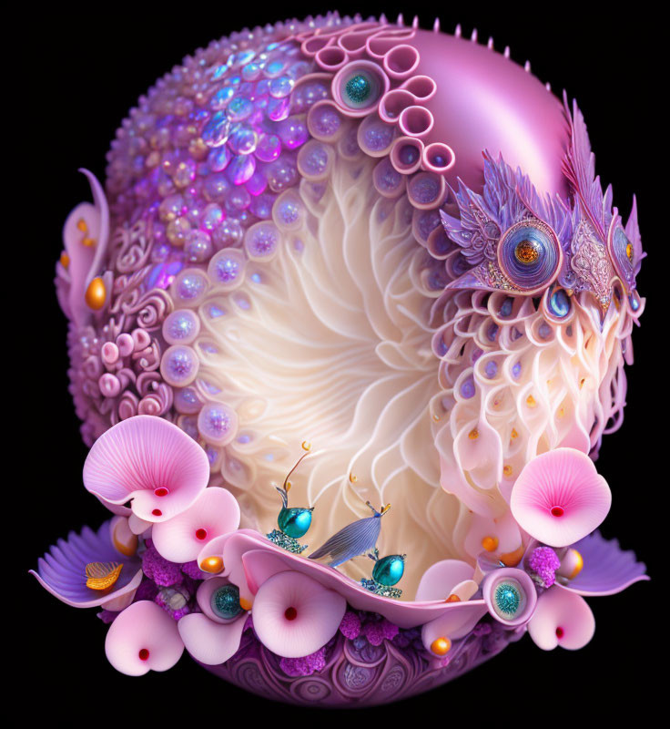 Fantastical 3D illustration: Purple orb with floral patterns, gemstones, and whimsical