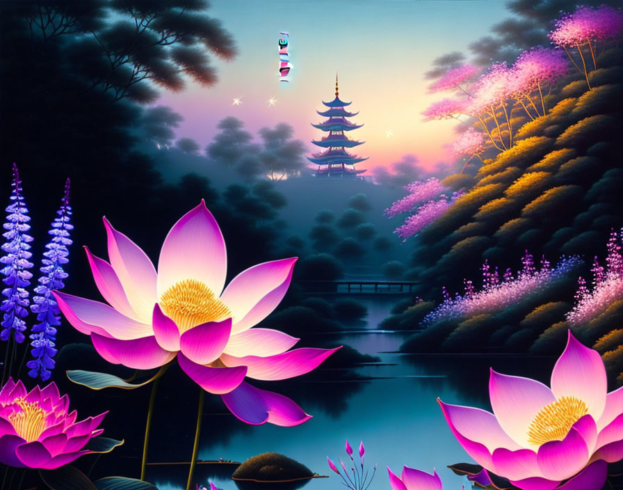 Artwork: Pink lotus flowers, pagoda, lake, trees under twilight sky