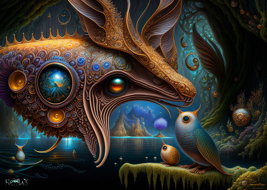 Vibrant owl and surreal creature in mystical forest