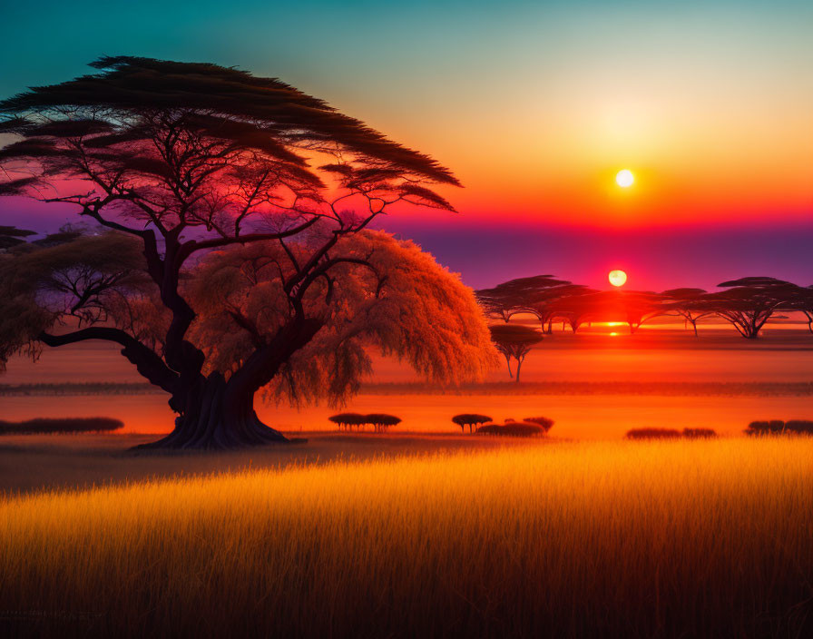 Colorful African sunset with silhouetted tree, grazing animals, and savannah landscape