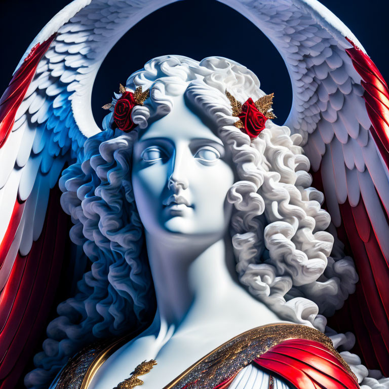 Classical statue with angelic wings and red roses in hair on dark blue background