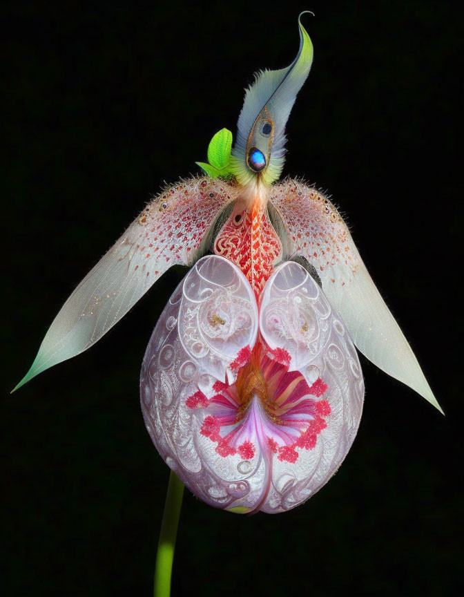 Colorful flower with butterfly wings in intricate design.