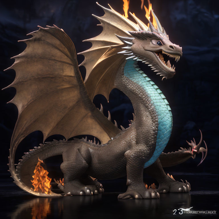 Majestic Blue Dragon with Fire Trail in Dark Rocky Setting