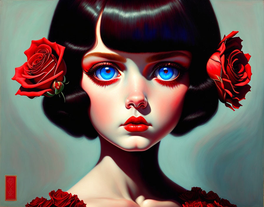 Portrait of a girl with blue eyes, black hair, pale skin, and red roses.