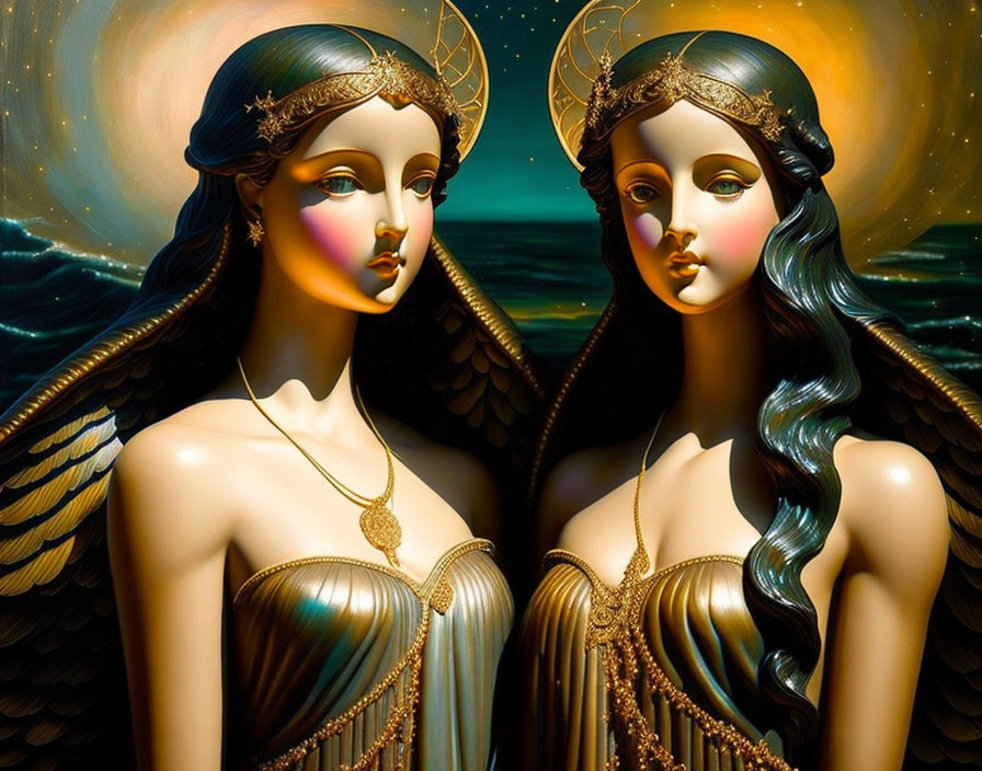 Symmetrical fantasy figures with angelic wings and ornate crowns on starry night ocean.