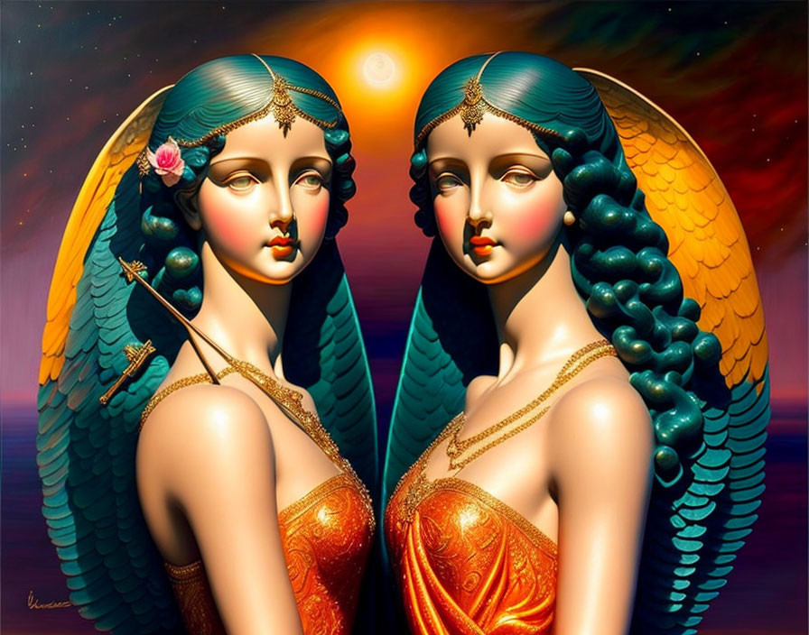 Symmetrical angelic figures with wings and golden jewelry in sunset setting