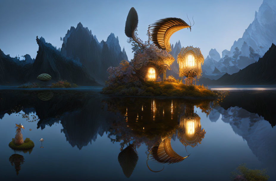 Fantastical illuminated house on island with spiral design in mountainous landscape at dusk