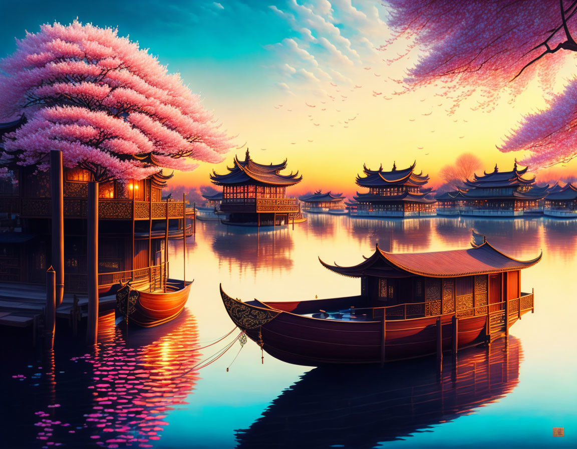 Asian architecture with cherry blossom trees and boats at sunset