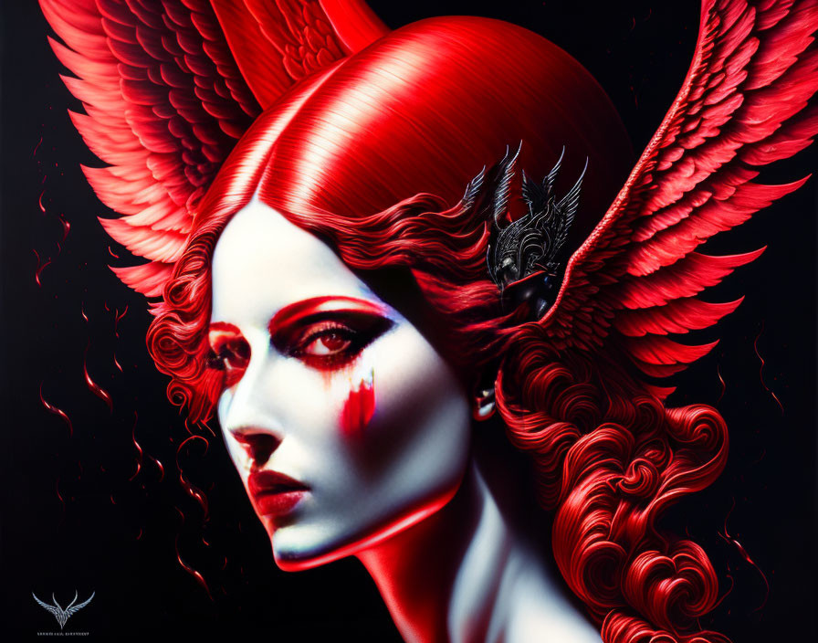 Vivid red-haired woman with wings and dark crown in ethereal artwork