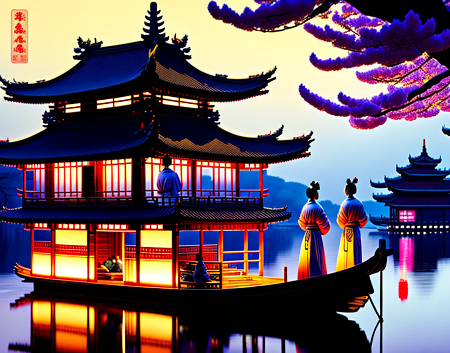 Japanese Pagoda Twilight Scene with Red Lanterns and Cherry Blossom Tree