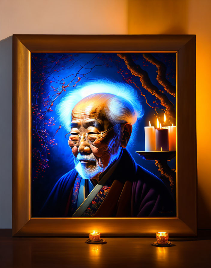 Elderly Asian Man in Traditional Attire Portrait on Candlelit Wall