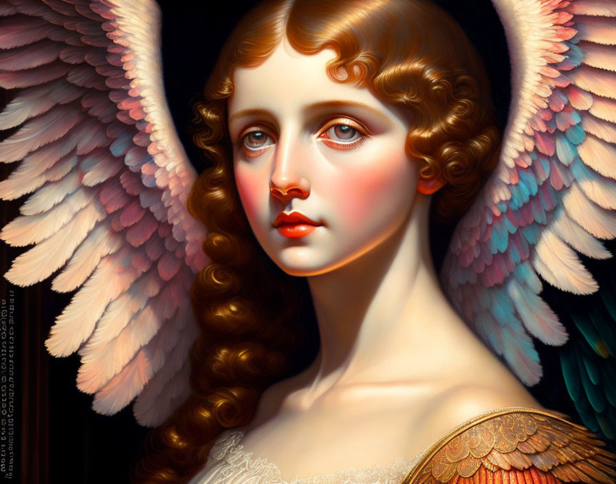 Portrait of an angelic figure with pink wings and curly brown hair