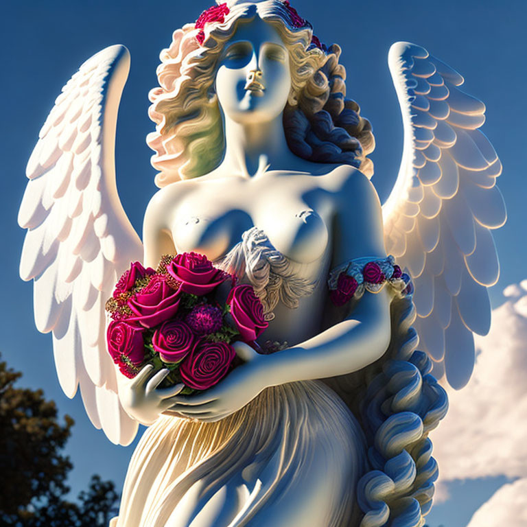 Angel statue with red roses bouquet and floral adornments under blue sky