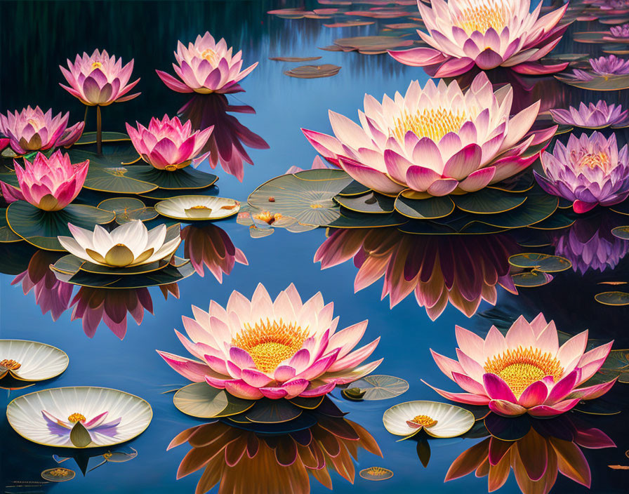 Colorful Lotus Flowers Blooming on Water Surface