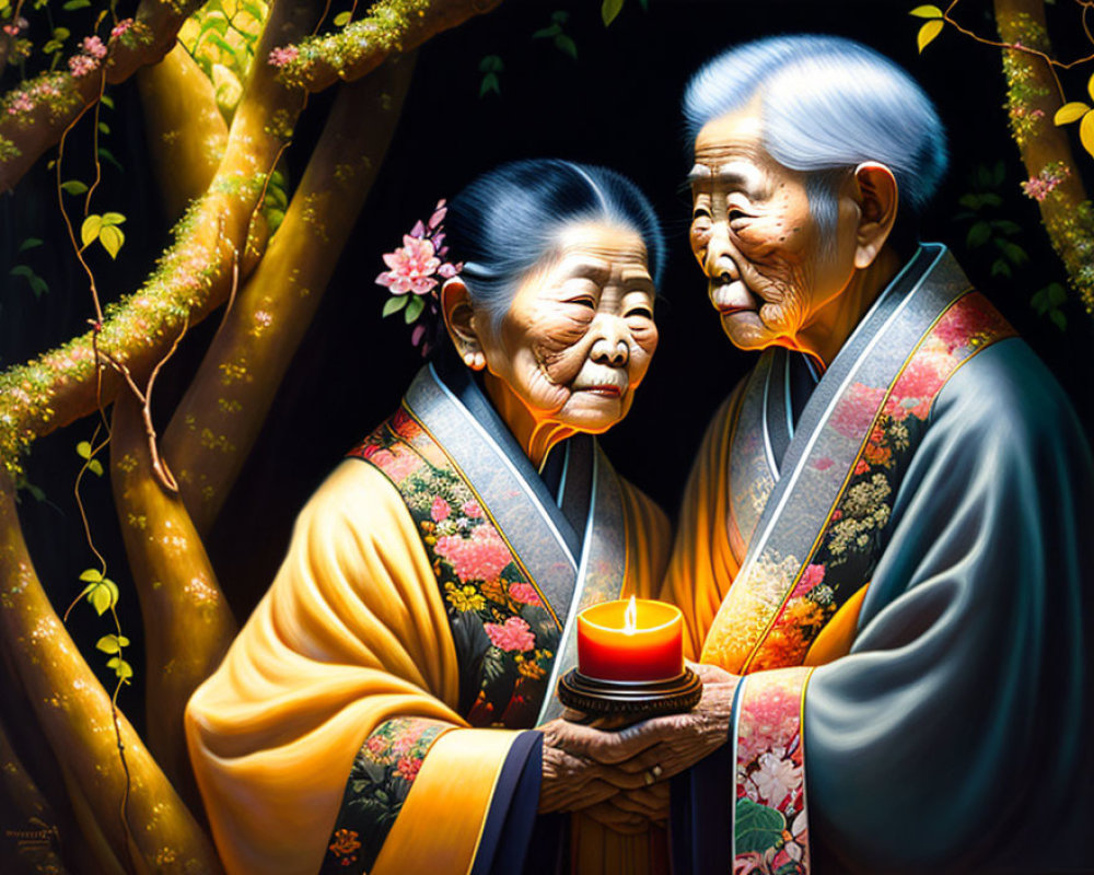 Elderly Couple in Traditional Attire Holding Lit Candle in Floral Setting