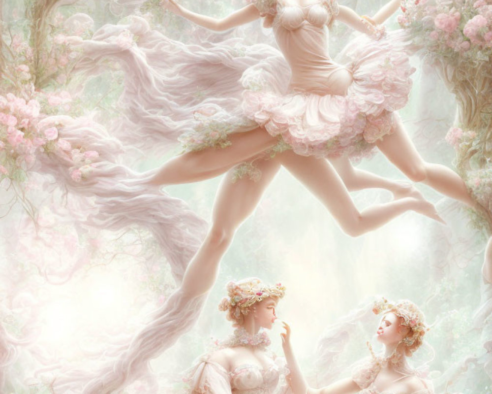 Ethereal women in flowing dresses among pink blossoms