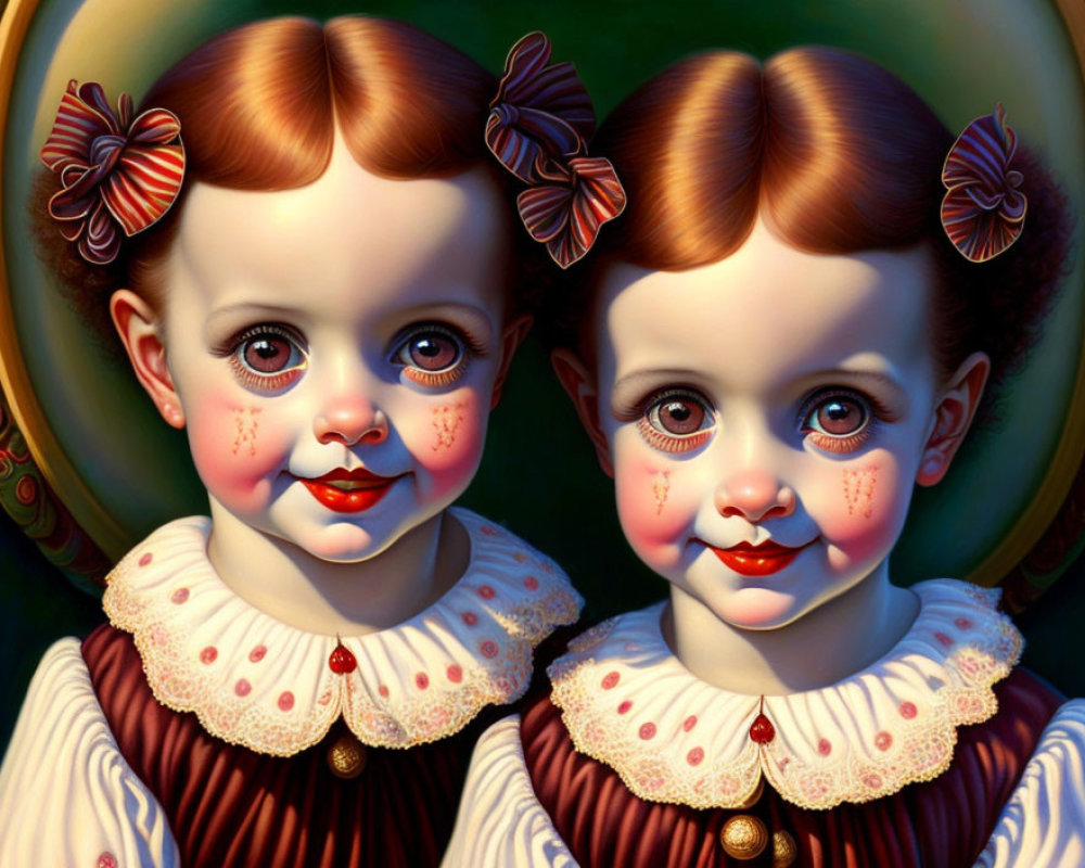 Vintage-style dolls with rosy cheeks and red bows in matching brown dresses.