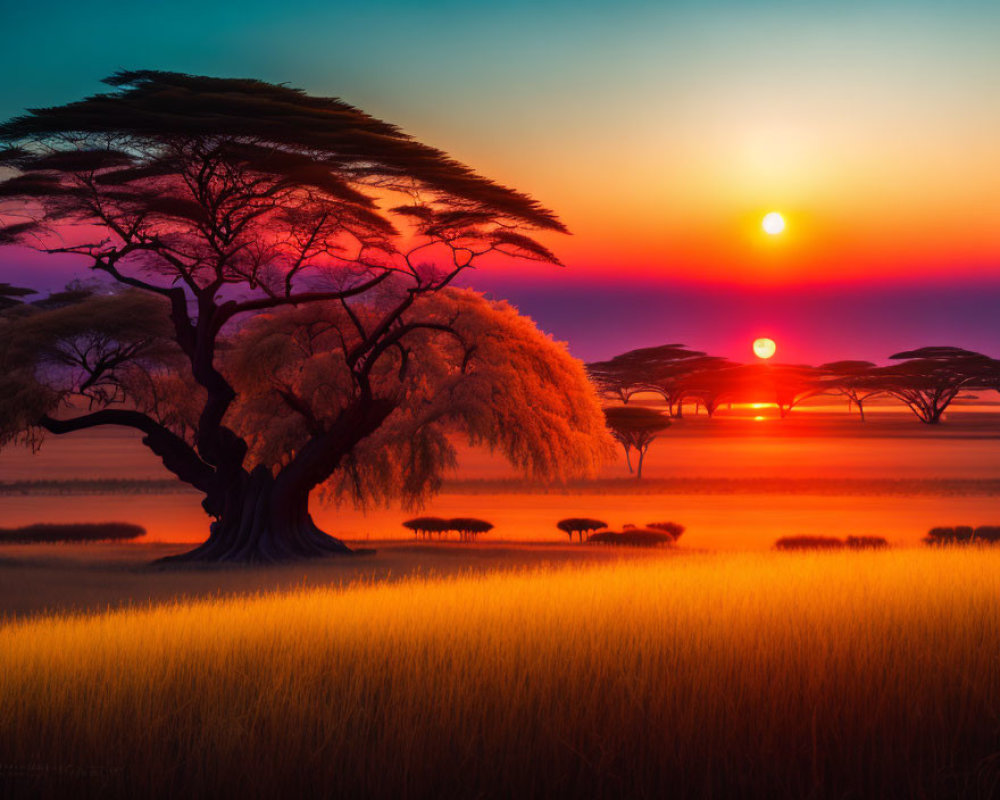 Colorful African sunset with silhouetted tree, grazing animals, and savannah landscape