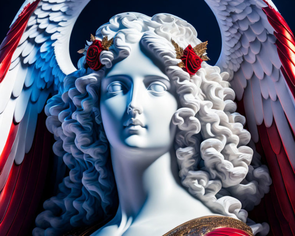 Classical statue with angelic wings and red roses in hair on dark blue background