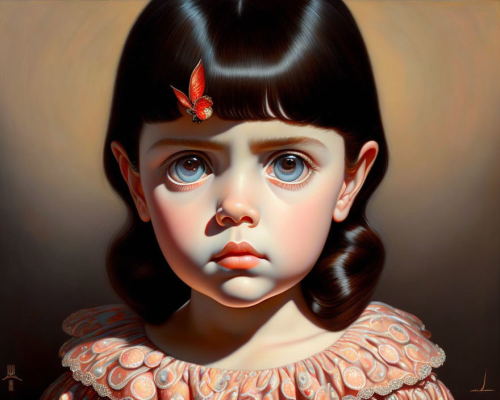 Portrait of Young Girl with Brown Hair and Red Butterfly Clip in Peach Dress