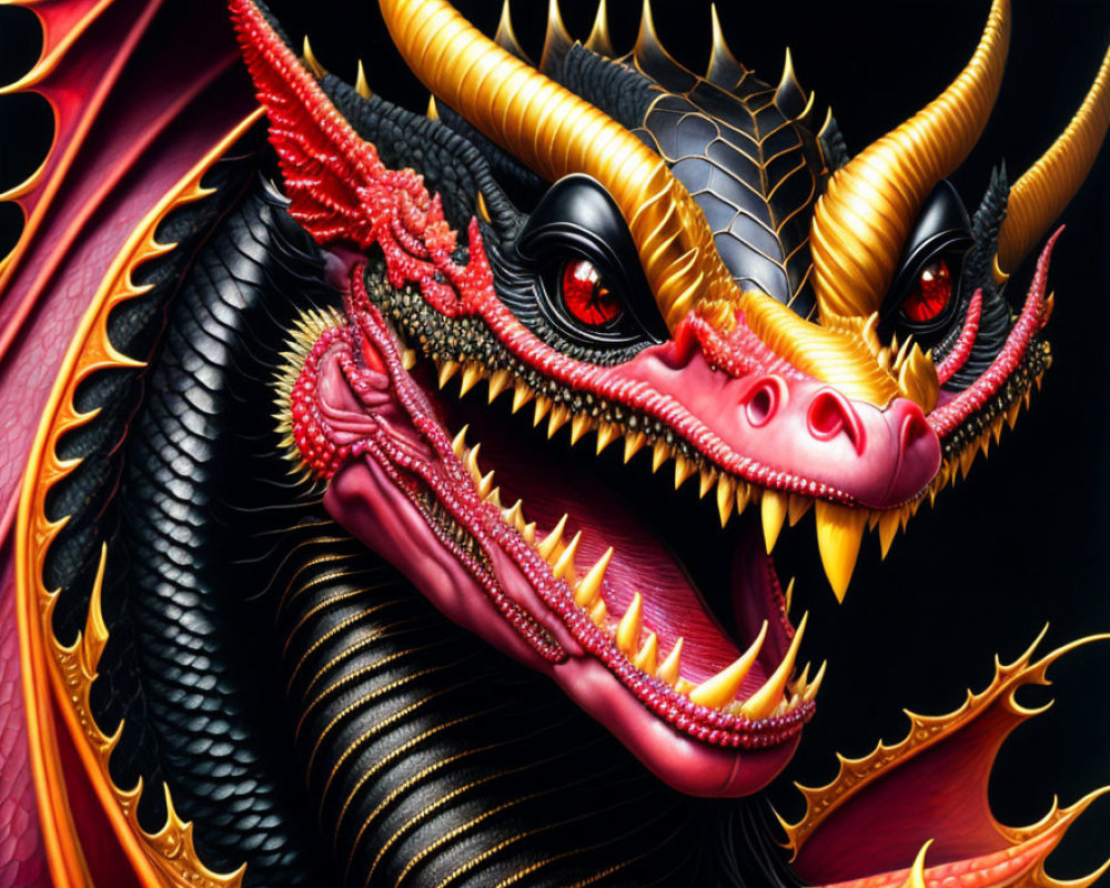 Detailed red and black dragon illustration with sharp horns and intense eyes