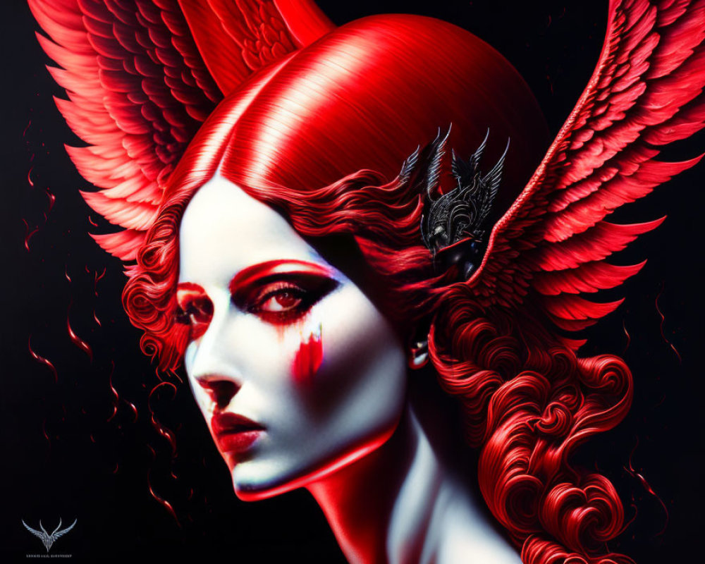 Vivid red-haired woman with wings and dark crown in ethereal artwork