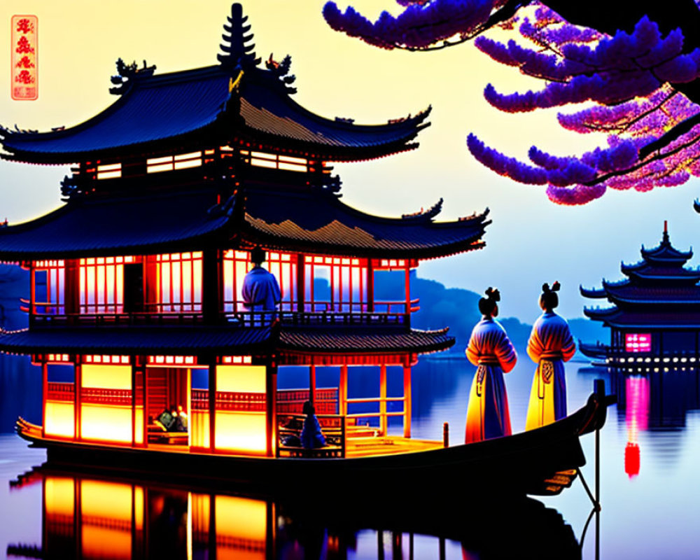 Japanese Pagoda Twilight Scene with Red Lanterns and Cherry Blossom Tree