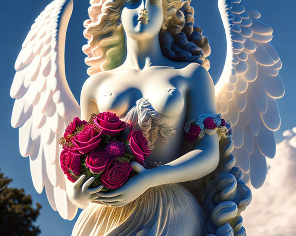 Angel statue with red roses bouquet and floral adornments under blue sky