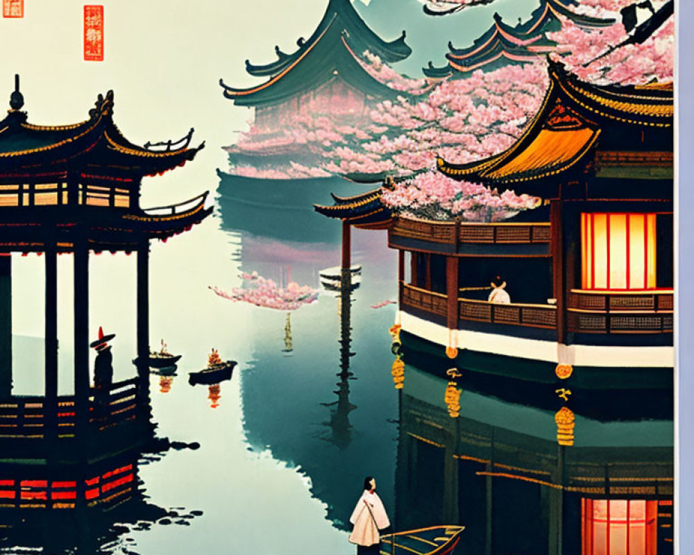 Tranquil Asian landscape with pagodas, cherry blossoms, boat, and balcony