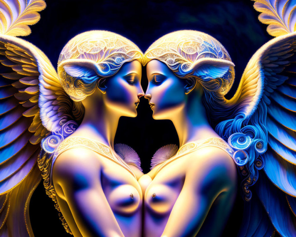 Symmetrical figures with angelic wings in intimate moment