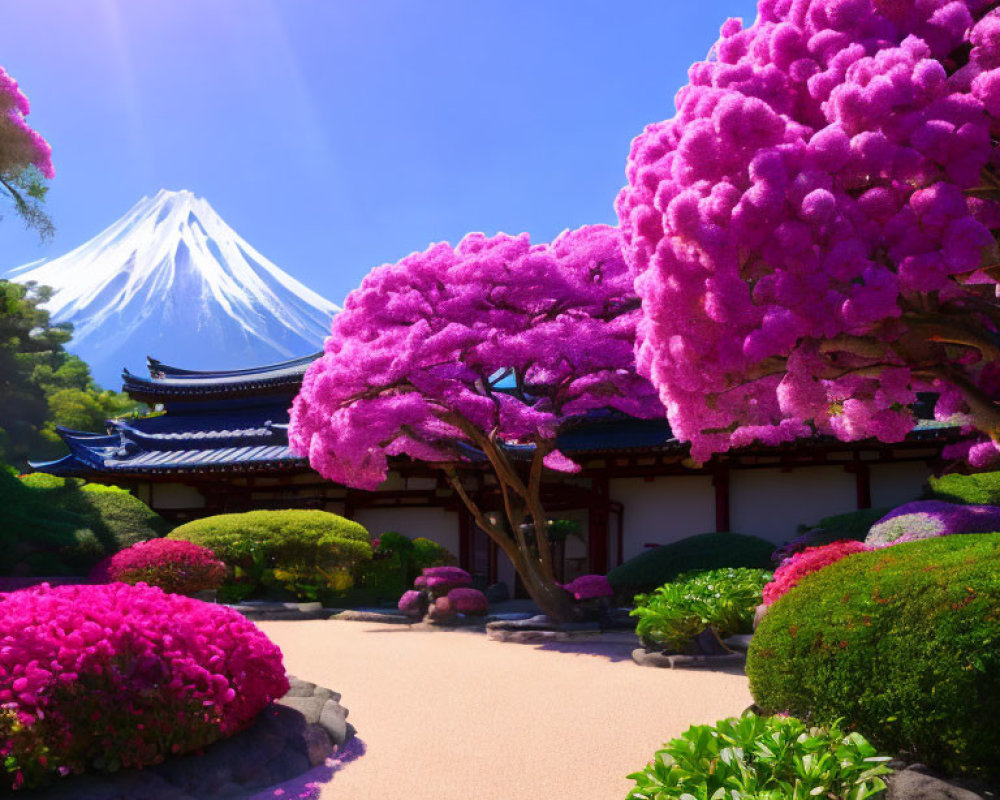 Pink cherry blossoms, Japanese pagoda, Mount Fuji in scenic landscape.