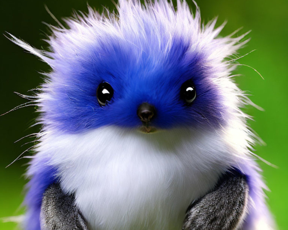 Blue and White Fluffy Creature with Black Eyes on Green Background