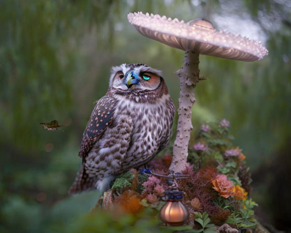 Blue-eyed owl under toadstool in forest setting with lantern and butterfly