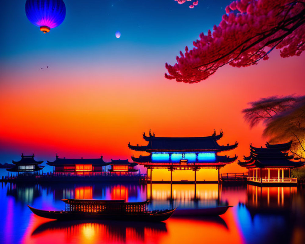 Traditional Asian architecture by a calm lake at sunset with a hot air balloon and boat under a starry