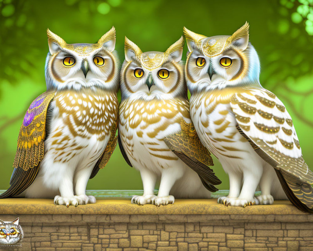 Three stylized ornate owls with expressive eyes on branch against green background