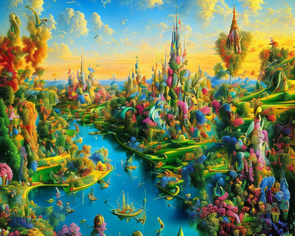Fantastical landscape with floating islands, castles, and vibrant colors