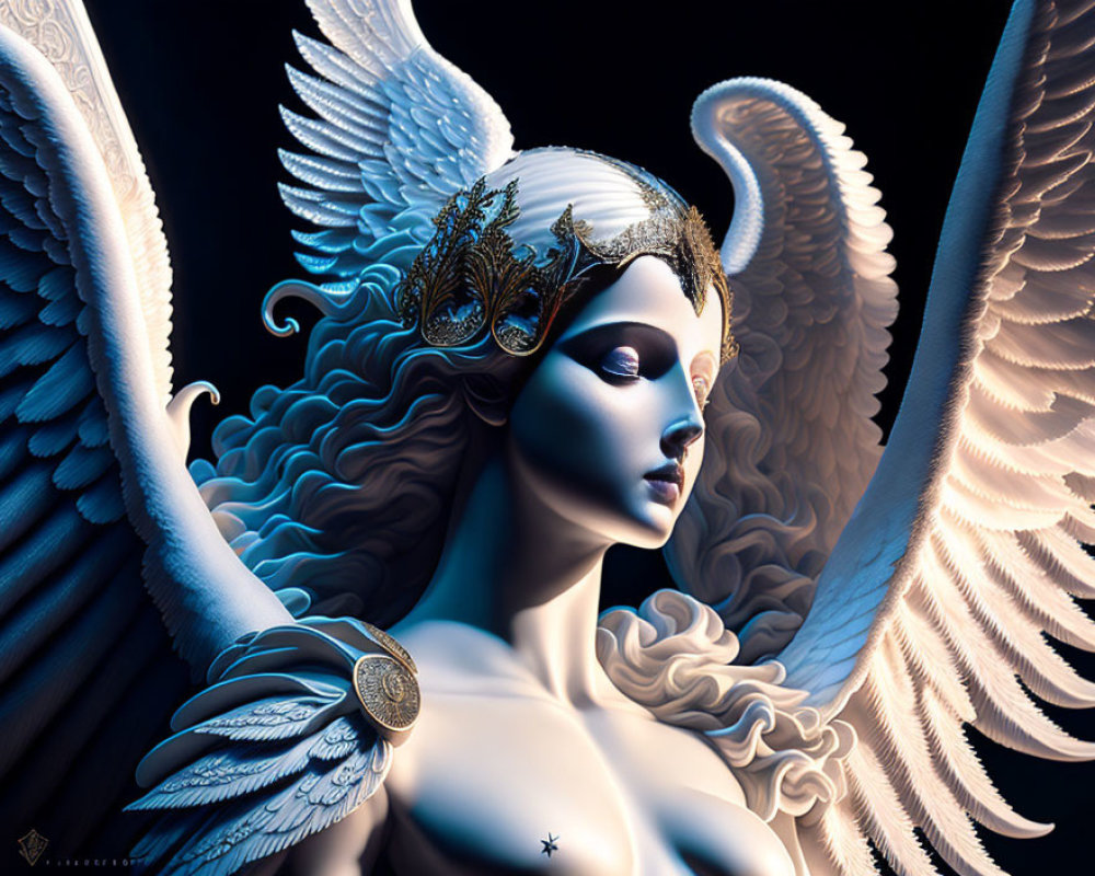 Digital artwork of woman with angelic wings and golden accessories on dark background