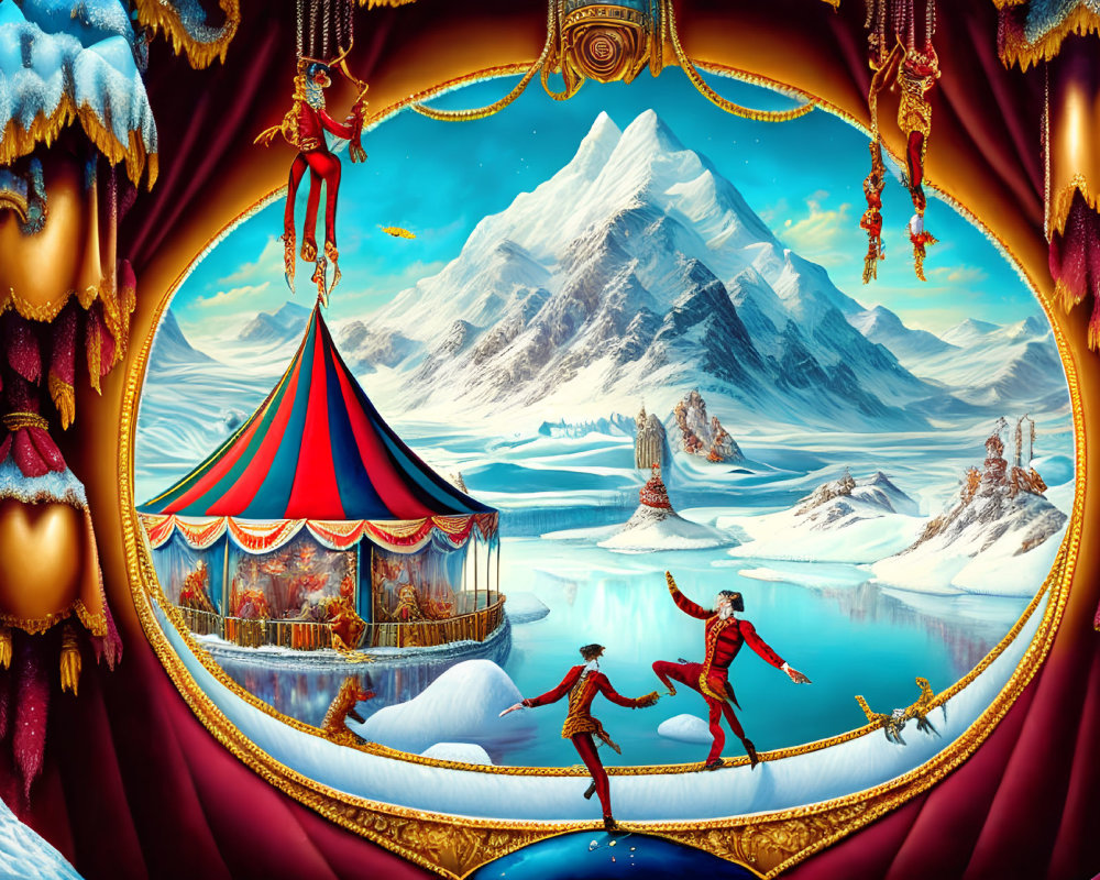 Illustration of circus tent on ice field with skating performers and snowy mountains