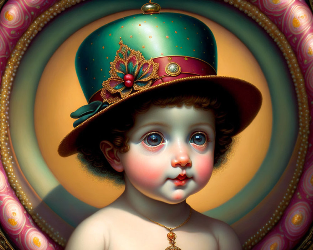 Whimsical painting of child with expressive blue eyes and green hat