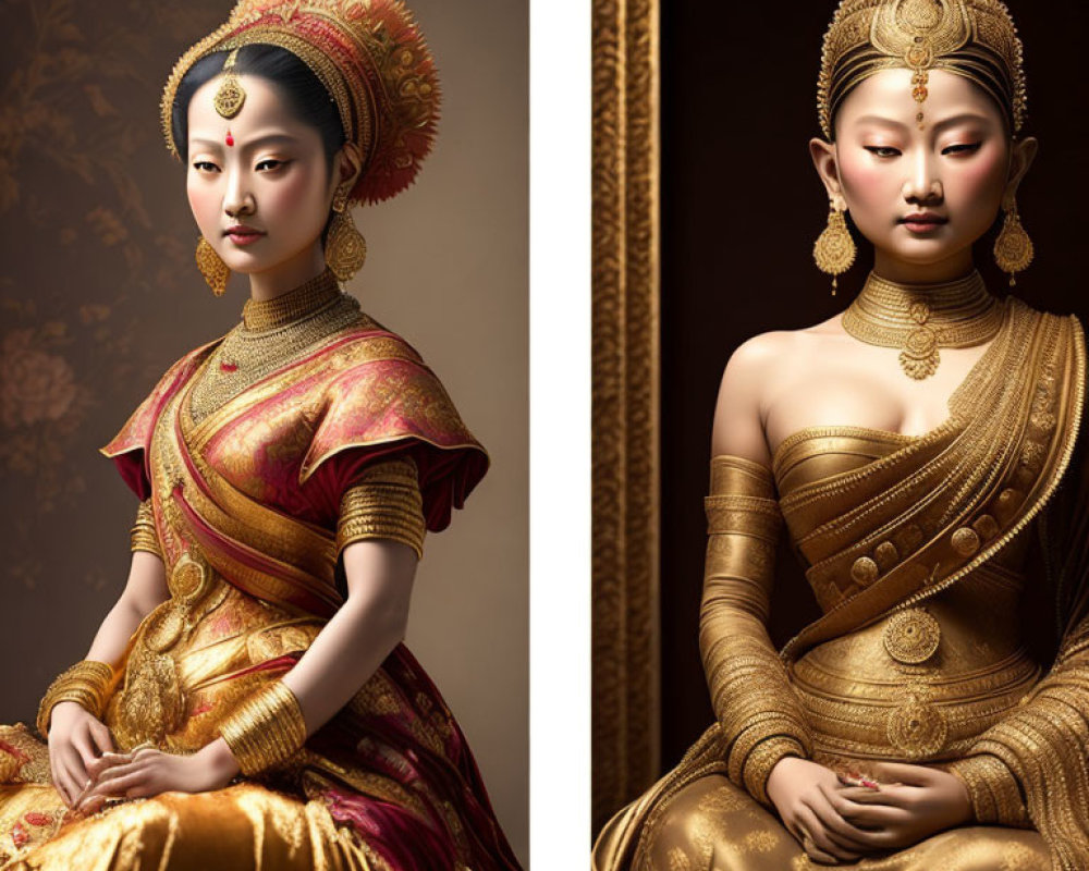 Traditional Indian Attire Portrait Next to Golden Statue Portrait