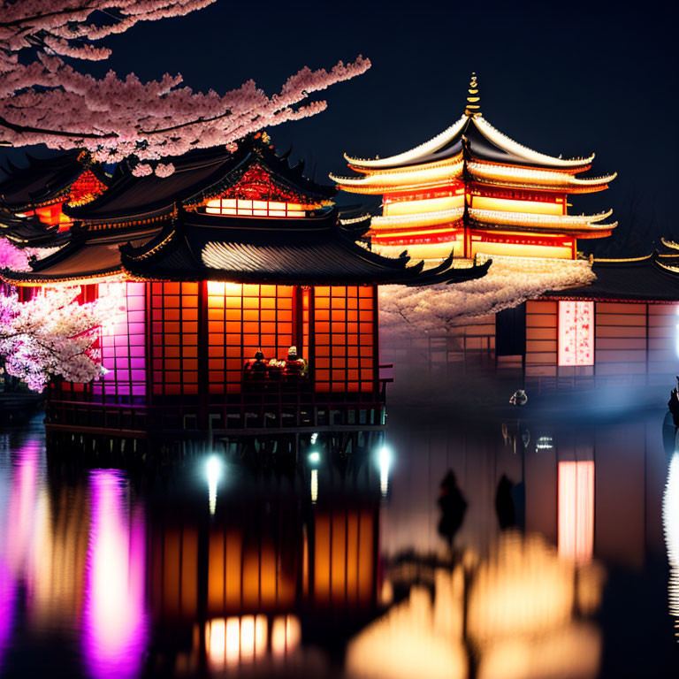 Traditional Japanese buildings illuminated by pond with cherry blossoms at night