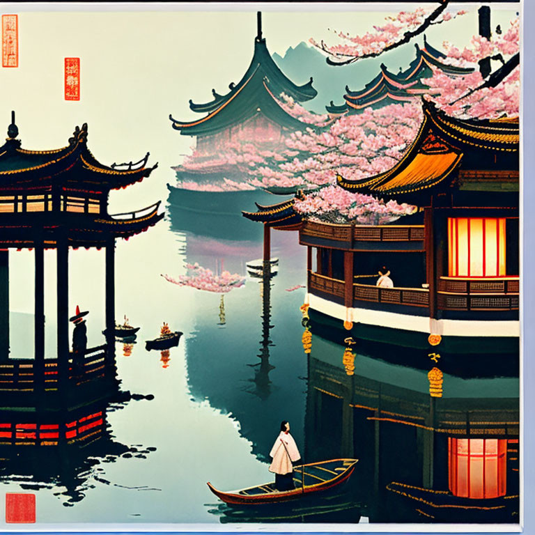 Tranquil Asian landscape with pagodas, cherry blossoms, boat, and balcony