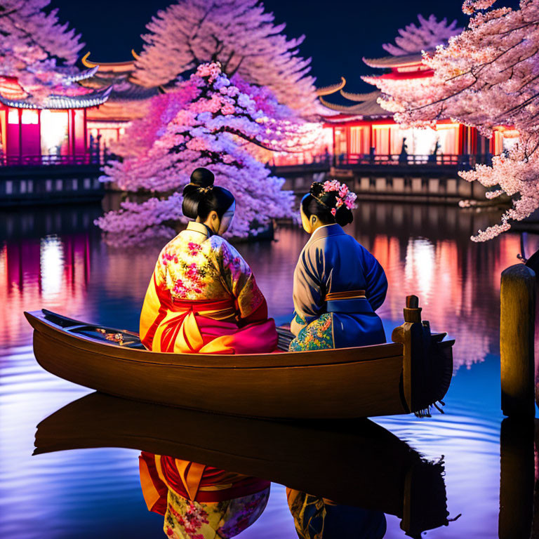 Traditional kimono-clad individuals in boat admire cherry blossoms at night near lit pavilion.